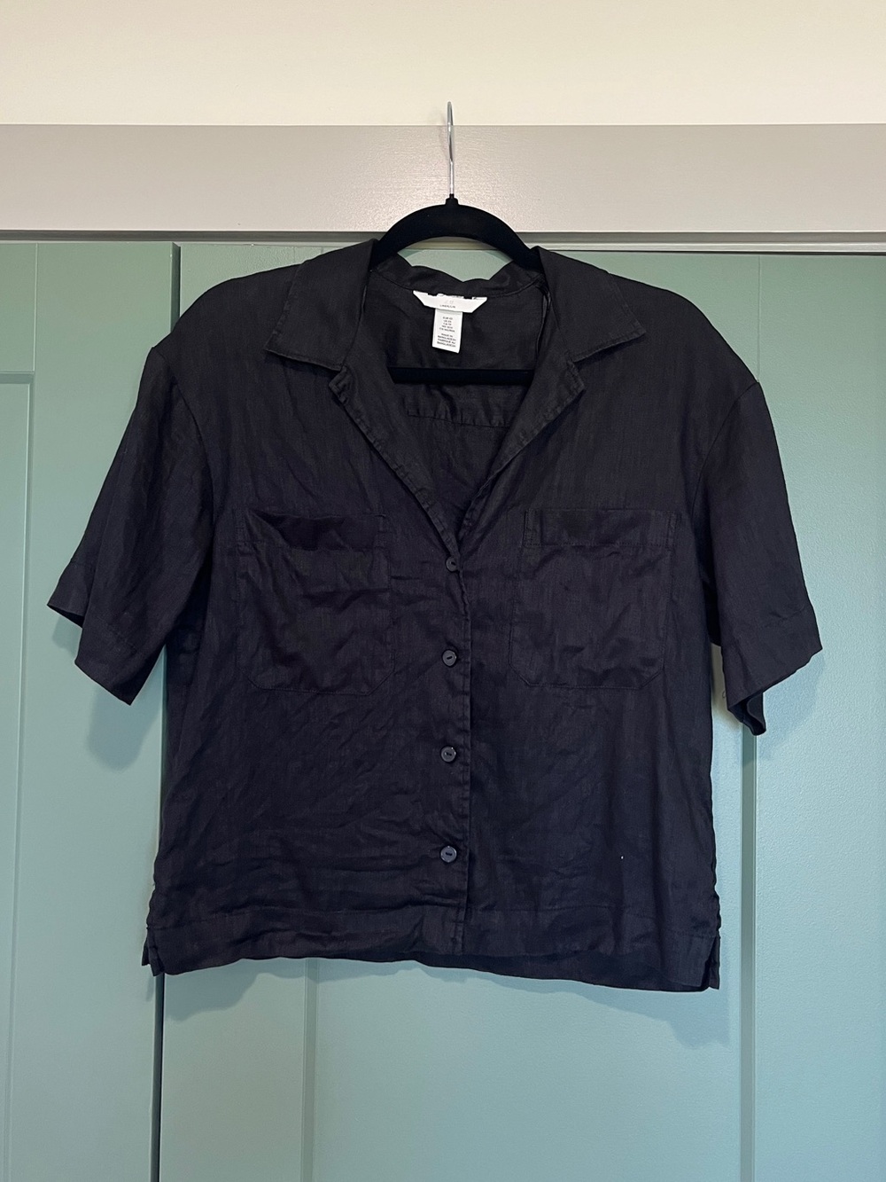 H&M Black Linen Short-Sleeve Button-Down Collar Shirt